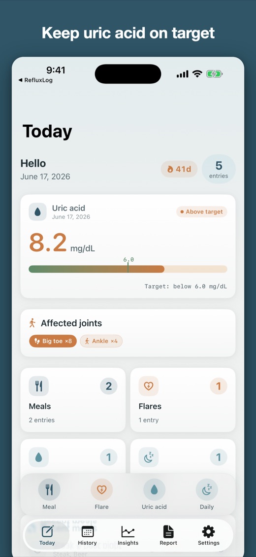 GoutLog for iPhone — home screen