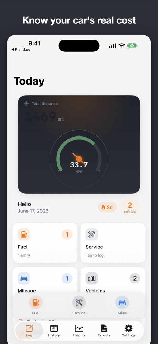 MotorLog for iPhone — home screen