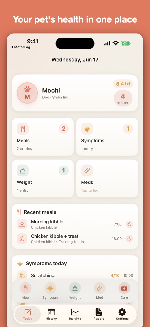 PawLog for iPhone — home screen