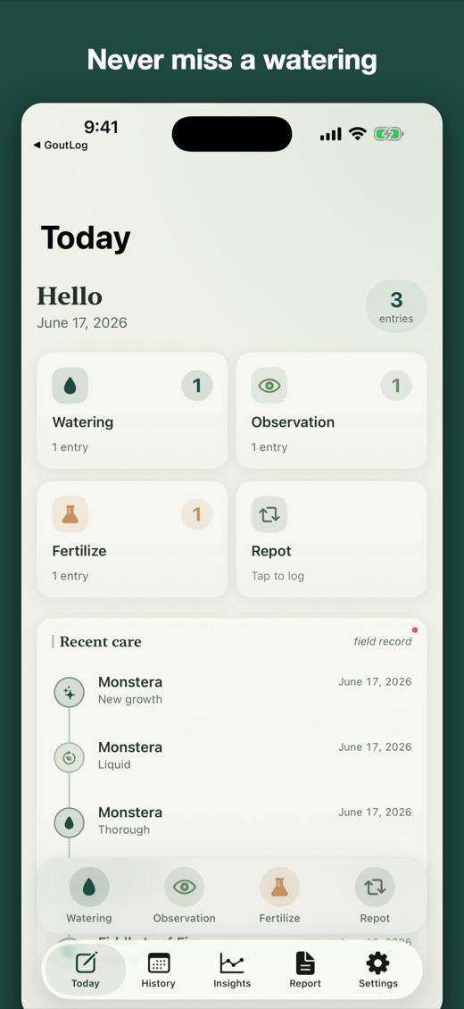 PlantLog for iPhone — home screen