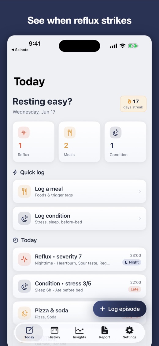 RefluxLog for iPhone — home screen