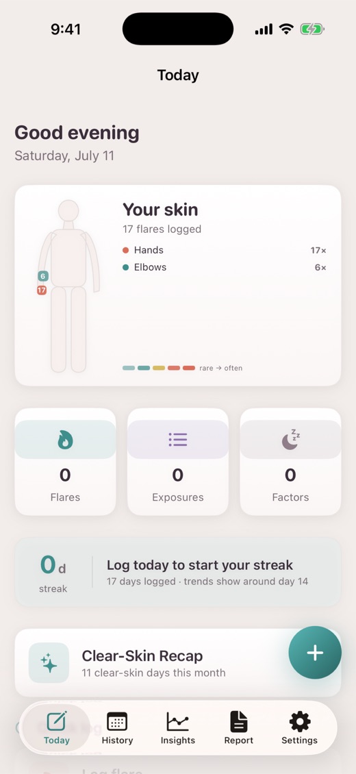 Skinote for iPhone — home screen